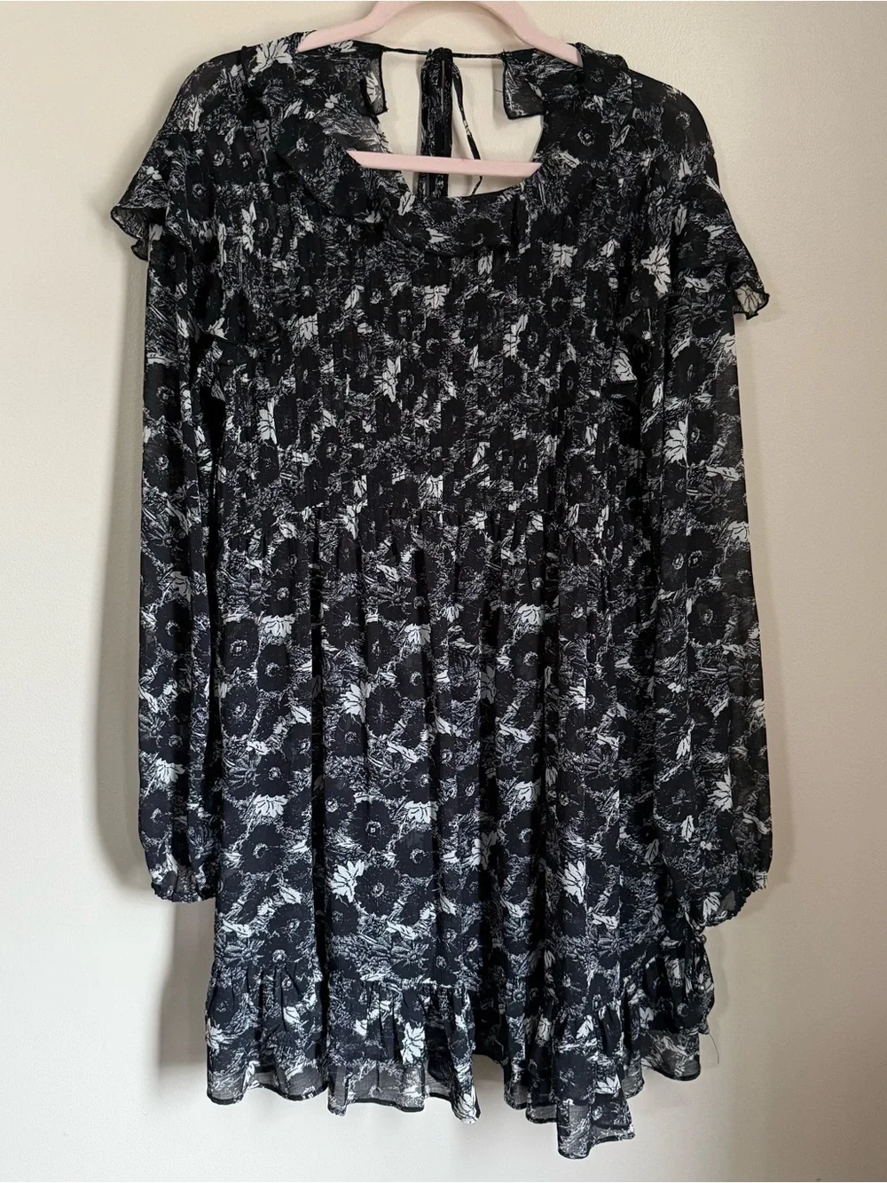 Free People These Dreams Sheer Floral Print Ruffle Trim Mini Dress Size Medium